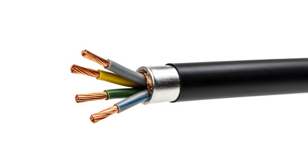 Naklejka premium Detailed Close up of Electrical Cable with Multi Colored Wires and Copper Conductors on Clean White Background