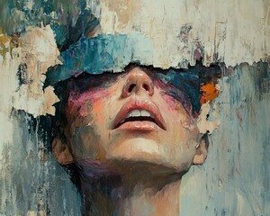 Abstract Portrait of a Woman with Torn Canvas Texture and Colors