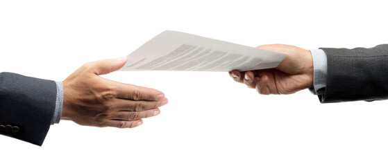 Hands exchanging documents for business deal.