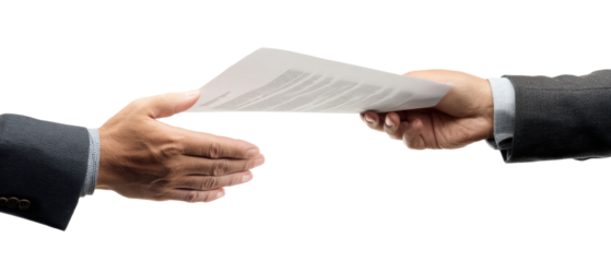 Hands exchanging documents for business deal.