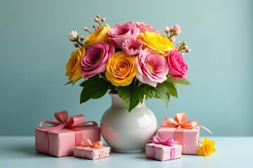 A bouquet of colorful flowers in a vase, surrounded by small wrapped gifts , appreciation, bright