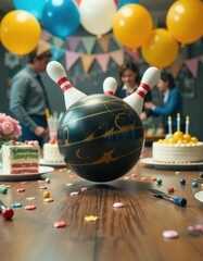 A bowling-themed birthday party with cakes, balloons, and decorations on a festive table, with people celebrating in the background.