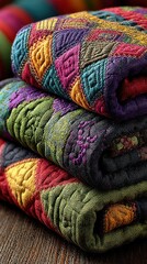 Fototapeta premium Folded colorful handcrafted patterned quilt stack