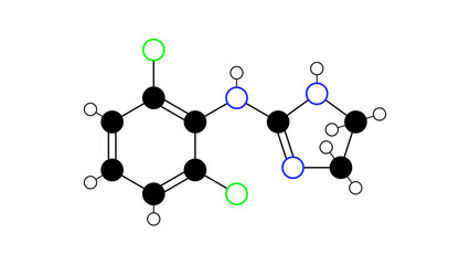 clonidine molecule, structural chemical formula, ball-and-stick model, isolated image antihypertensive agent