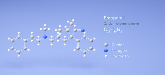 emopamil molecule, molecular structure, calcium channel blocker 3d model, Structural Chemical Formula and Atoms with Color Coding
