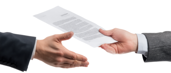 A hand exchanging a document in a professional setting.