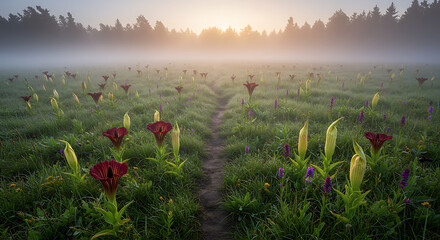 Campo de flores raras, como flor-cadáver, lírios-negros e orquídeas silvestres, com trilha de pegadas humanas descalças