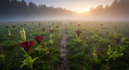 Campo de flores raras, como flor-cadáver, lírios-negros e orquídeas silvestres, com trilha de pegadas humanas descalças