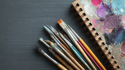 A collection of paintbrushes resting beside an open sketchbook with colorful paint swatches visible