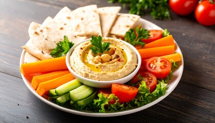 Delicious Hummus with Pita Bread and Fresh Vegetables