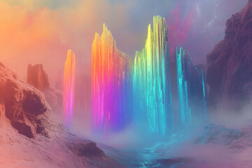 Colorful rock formations in a misty landscape with a surreal and dreamlike atmosphere created digitally