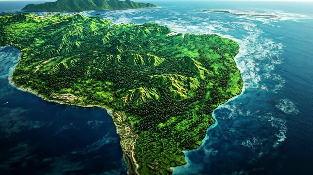 Dynamic aerial view of lush island coastline with dense greenery and ocean waves
