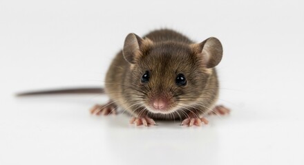 小さなネズミ、白い背景で穏やかに見つめる瞳、柔らかな光. AI Generated