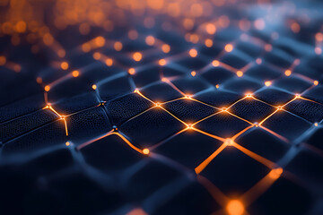 A glowing network of orange lines connecting dots on a dark surface creating a grid pattern effect
