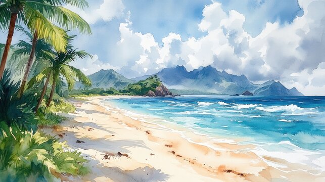 Tropical beach scene under a vibrant sky. Lush vegetation, white sand, and a tranquil ocean meet rolling hills in a picturesque landscape