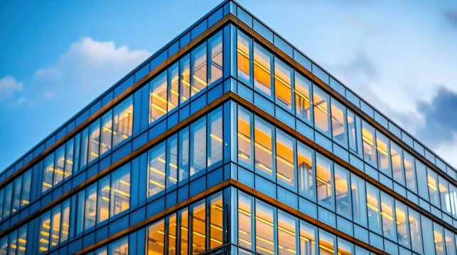 Glass building corner, modern architecture against sky