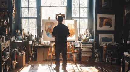 A focused  working on a canvas in a sunlit .