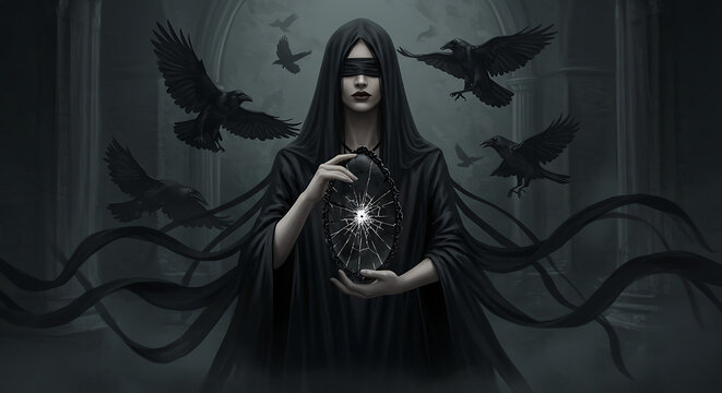 Um or&aacute;culo cego velado em seda negra, cercado por corvos, suas m&atilde;os segurando um espelho de obsidiana rachado, fundo esfuma&ccedil;ado, sombras profundas e tons acinzentados