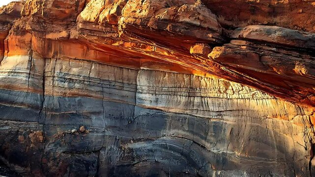 A close-up of a rugged weathered rock formation with vibrant orange and grey stratified layers, showing deep cracks, erosion patterns, and rich geological detail.
