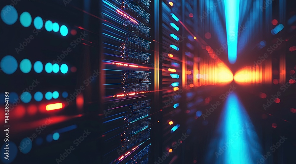 Aufkleber Close-up view of illuminated server racks in a high-tech data center corridor with glowing red and blue lights, great for cybersecurity, network, or digital tech visuals