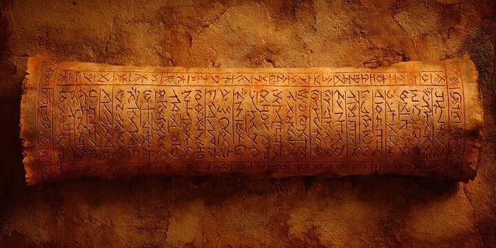 Ancient parchment scroll with engraved cryptic symbols and textured background
