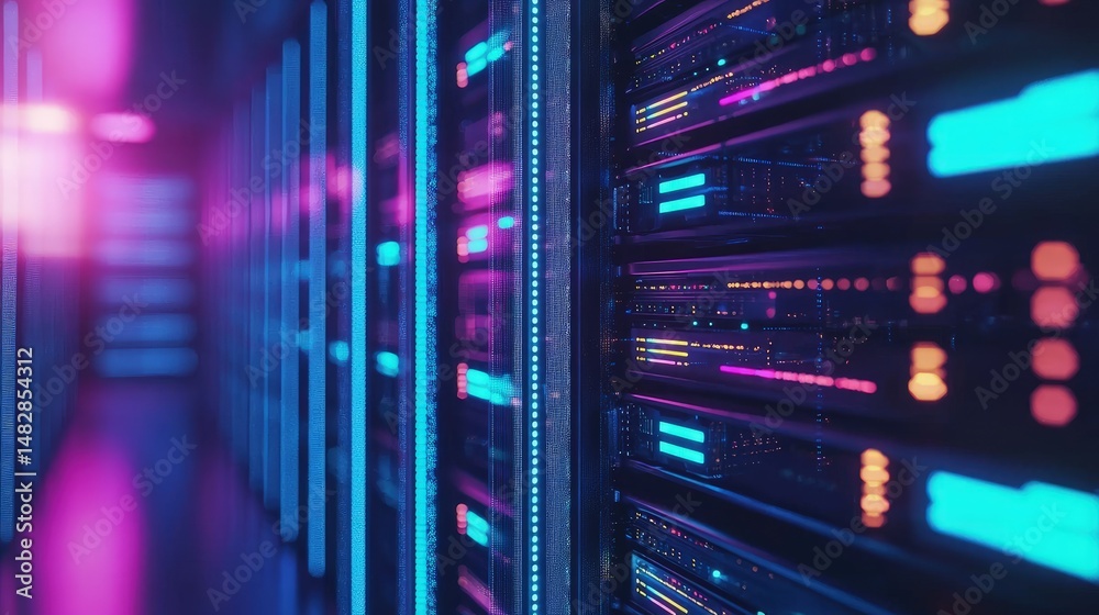 Poster 3d-rendered hallway of high-tech data center with glowing cabinets and reflective blue and purple su