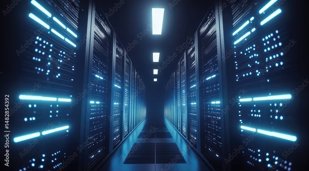 Poster glass-walled corridor of a neon-lit futuristic server room with strong blue glow and reflections, gr