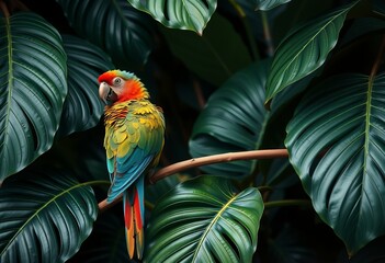 Tropical leaves with a vibrant parrot.