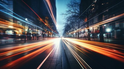 Obraz premium Blurred Motion Light Trails on Urban Street at Night with Vibrant Neon Glow and Dynamic Cityscape Energy