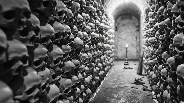 In the catacombs, a collection of skulls and bones lies shrouded in spider webs and dust, evoking an atmosphere of death and terror