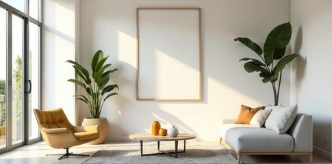 Empty frame, minimalist living room, serene space, off white, decor, living space