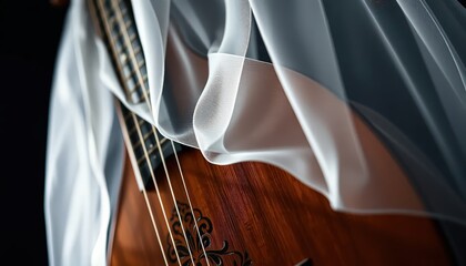 Close-up studio shot of an oud with a translucent white veil draped over it