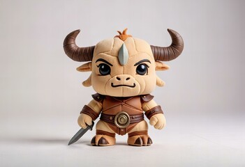 Featuring Minimalist chibi minotaur warrior character design, full body, isolated on white background.