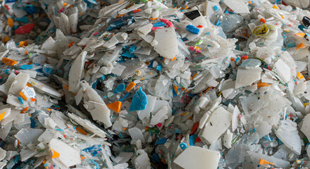 Pile of Recycled Plastic Chips in White Blue and Orange Colors for Industry Usage