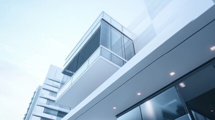 Fototapeta premium Clean design architecture of luxury residence, minimal aesthetic with flat surfaces, glass and white materials in suburban skyline