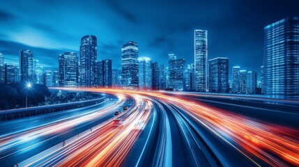 Dynamic Nighttime Cityscape with Light Trails and Urban Skyline