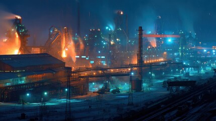 Heavy industry at night, glowing furnaces and massive steel production machines