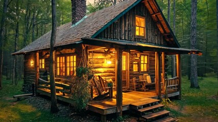 Cozy evening at a rustic log cabin in the tranquil forest - Powered by Adobe