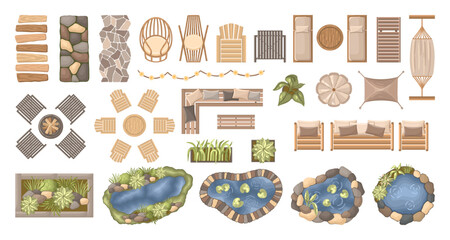 Top view backyard garden furniture, ponds and landscaping elements. Entourage design for architectural floor plans. Vector.