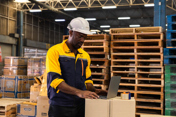 Warehouse worker uses laptop to update inventory while gesturing toward pallets and boxes on...