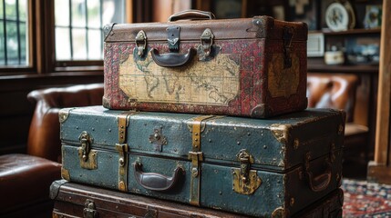 [Picnic Essentials containers travel] Vintage Suitcase Stack on Wooden Platform at Train Station Interior Setting
