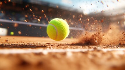 Tennis ball in mid-air, impacting a clay court