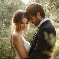 [Outdoor Wedding Portrait of Bride and Groom in White] Wedding Bliss: Romantic Outdoor Couple Portrait - Tenderness and Love Amidst Natural Beauty