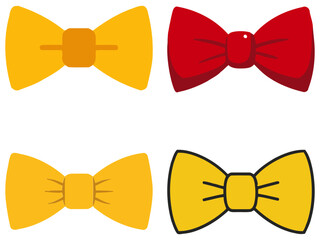 Collection of colorful bow tie illustrations in red and yellow tones, shown in a flat vector style. Each bowtie features a unique shape and knot, perfect for fashion, celebration, or design elements.