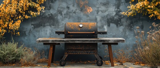 [Tailgate Party tailgating BBQ outdoor] Autumn Smoke Retreat: Cozy Picnic Scene with Wooden Benches Amidst Golden Foliage