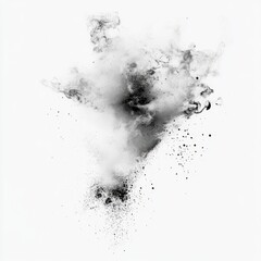 Abstract grayscale image of a dark cloud of dust or smoke exploding against a white background