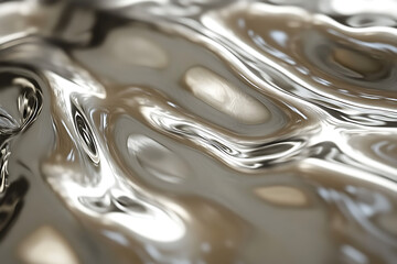 Close up of a metallic liquid surface with ripples and reflections creating an abstract pattern