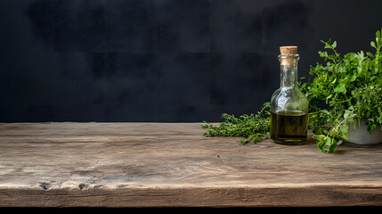Rustic wooden table with glass bottle of olive oil and fresh green herbs on dark background, creating natural and fresh kitchen atmosphere