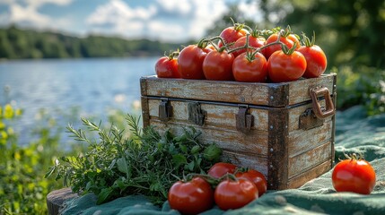 [Outdoor picnics summer BBQ cooler] Harvested Bliss: Fresh Red Tomatoes Against Serene Landscape