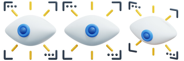 Set of Three 3D Rendered Eyes with Bright Rays 3d Render Icon Illustration